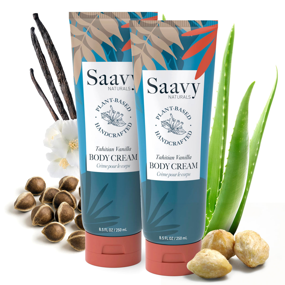Saavy Naturals front packaging showing Tahitian Vanilla and two-pack convenience