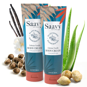 Saavy Naturals front packaging showing Tahitian Vanilla and two-pack convenience