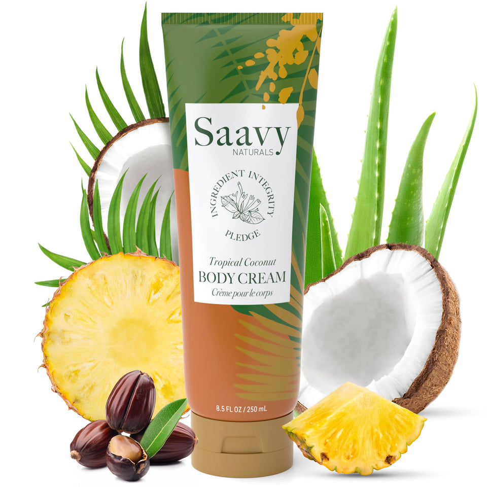 Saavy Naturals front packaging showing tropical coconut and benefits