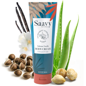 Saavy Naturals front packaging showing product label and Tahitian vanilla scent benefit