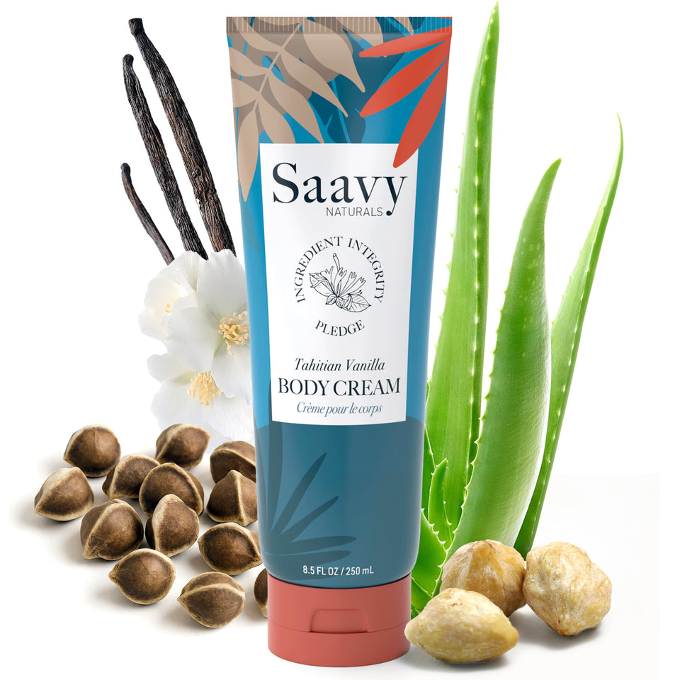 Saavy Naturals front packaging showing product label and Tahitian vanilla scent benefit