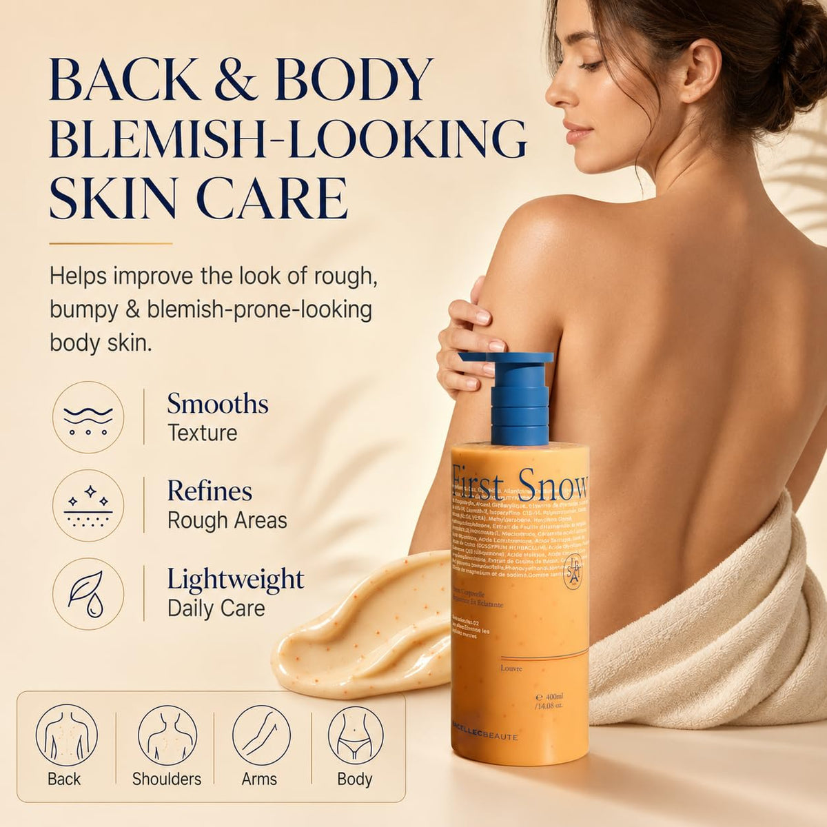 SACELLEC BEAUTE applied on back to show smoothing and exfoliating effect