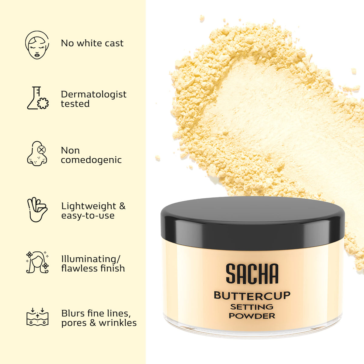 Sacha Cosmetics demo of baking under the eye with Buttercup Light for longer concealer wear