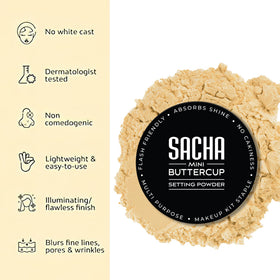 Sacha powder being applied with brush demonstrating quick, even setting benefit