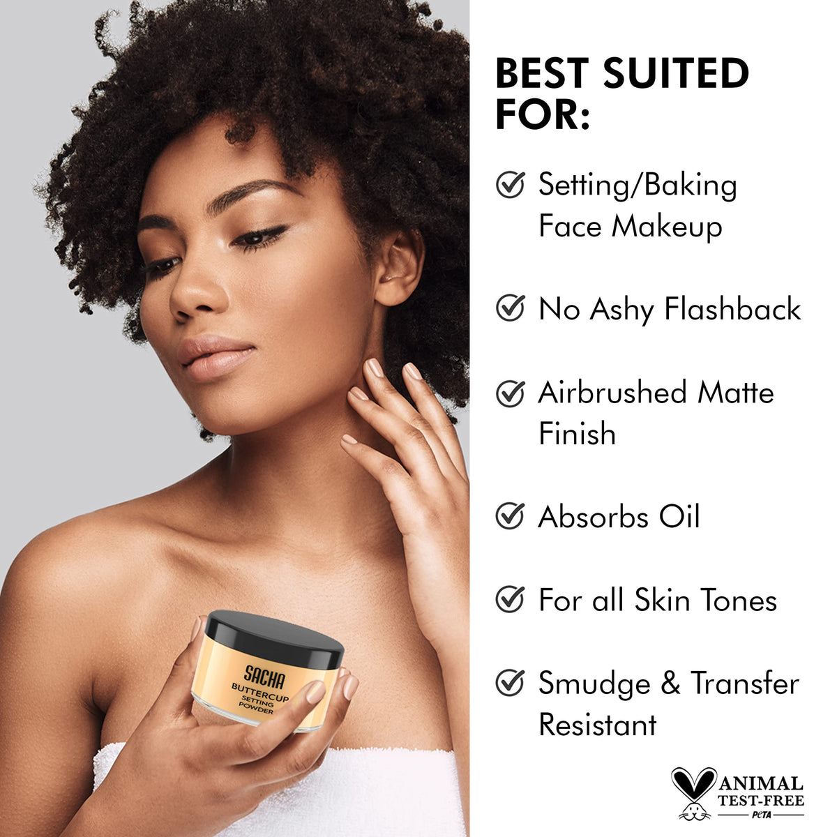 Sacha Cosmetics Buttercup powder texture closeup highlighting finely milled formula for smooth finish