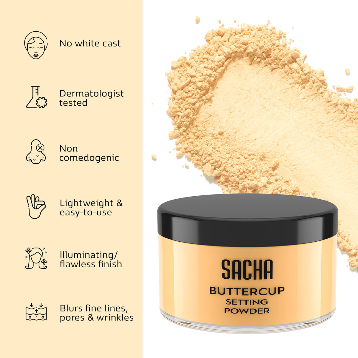 Sacha Cosmetics Buttercup with foundation swatch showing even, non-ashy finish for deeper skin