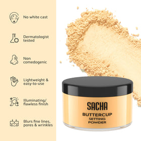 Sacha Cosmetics Buttercup with foundation swatch showing even, non-ashy finish for deeper skin