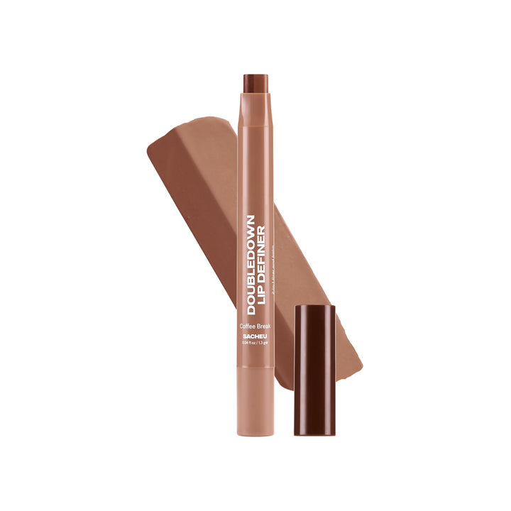 Sacheu front packaging showing dual lip definer and benefit of two-in-one use
