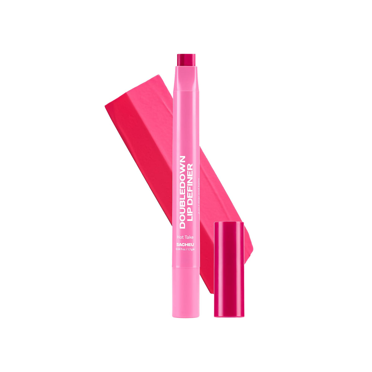 Sacheu front packaging showing dual-ended lip definer and color payoff benefit