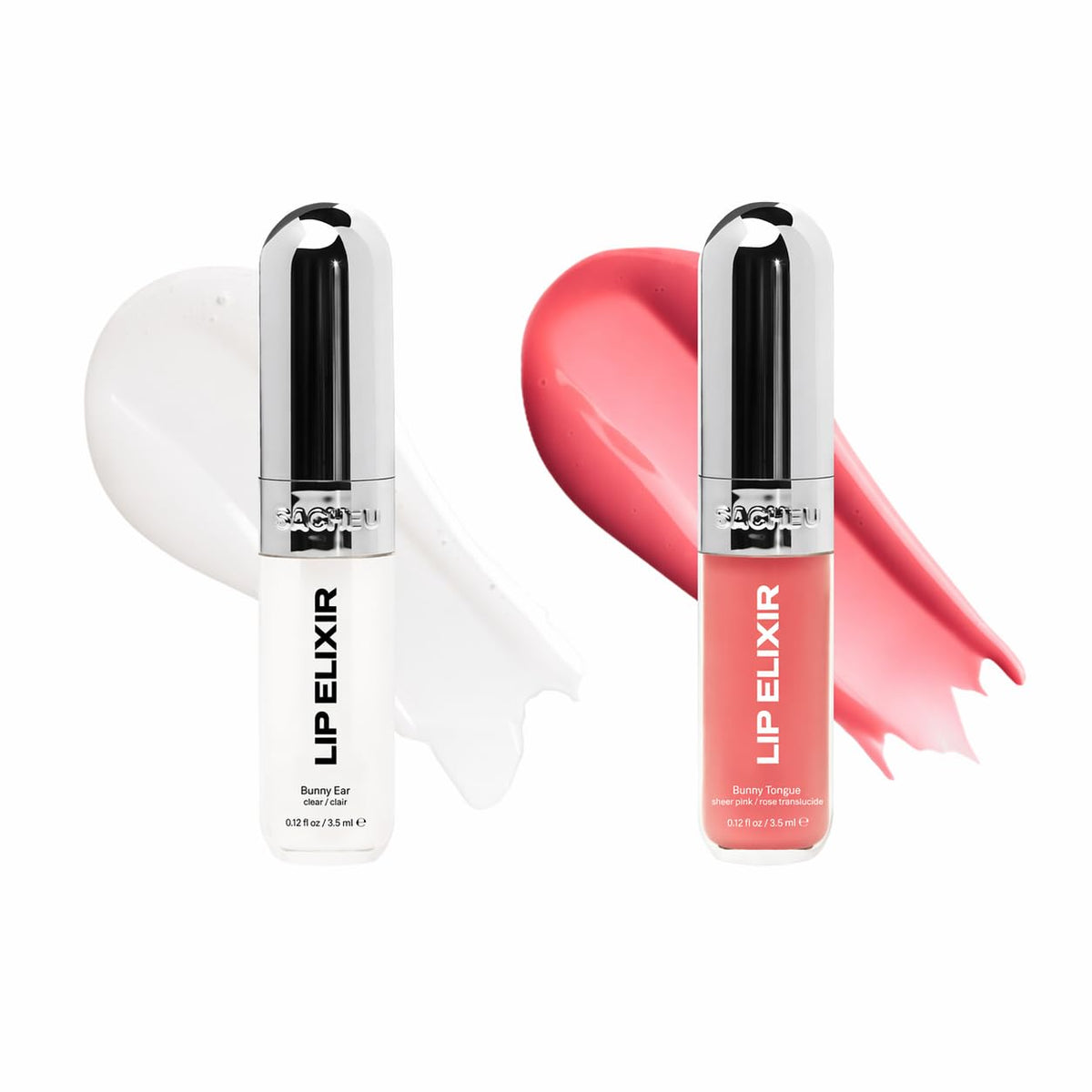 Sacheu lip elixir front packaging showing glossy tube and shine benefits