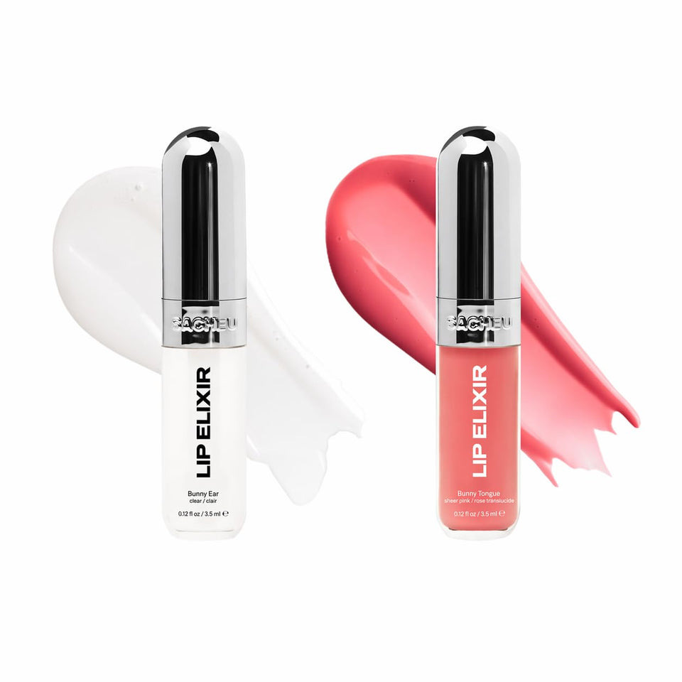 Sacheu lip elixir front packaging showing glossy tube and shine benefits