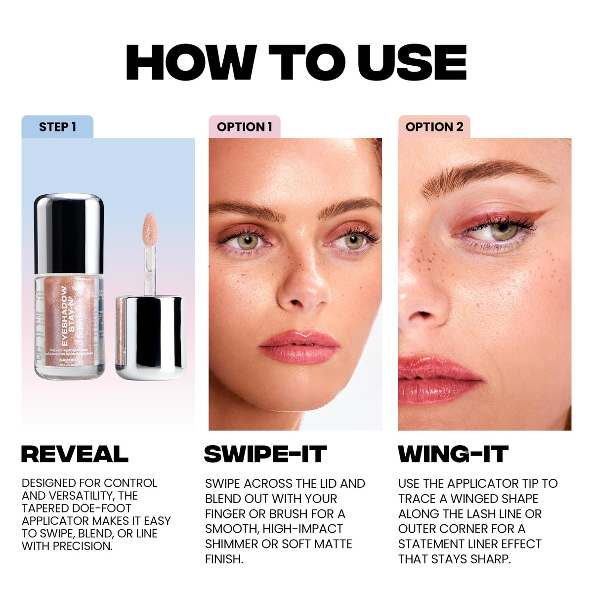 Sacheu on lid single eye application demonstrating even, crease-resistant color