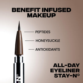 Sacheu eyeliner applied on eyelid close-up, crisp wing and smudge resistance