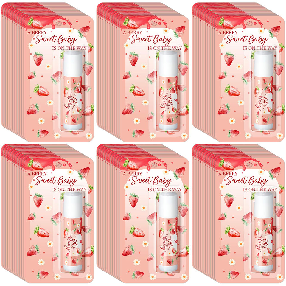 Sacubee front packaging showing 30 pink strawberry balm favors and party-ready presentation