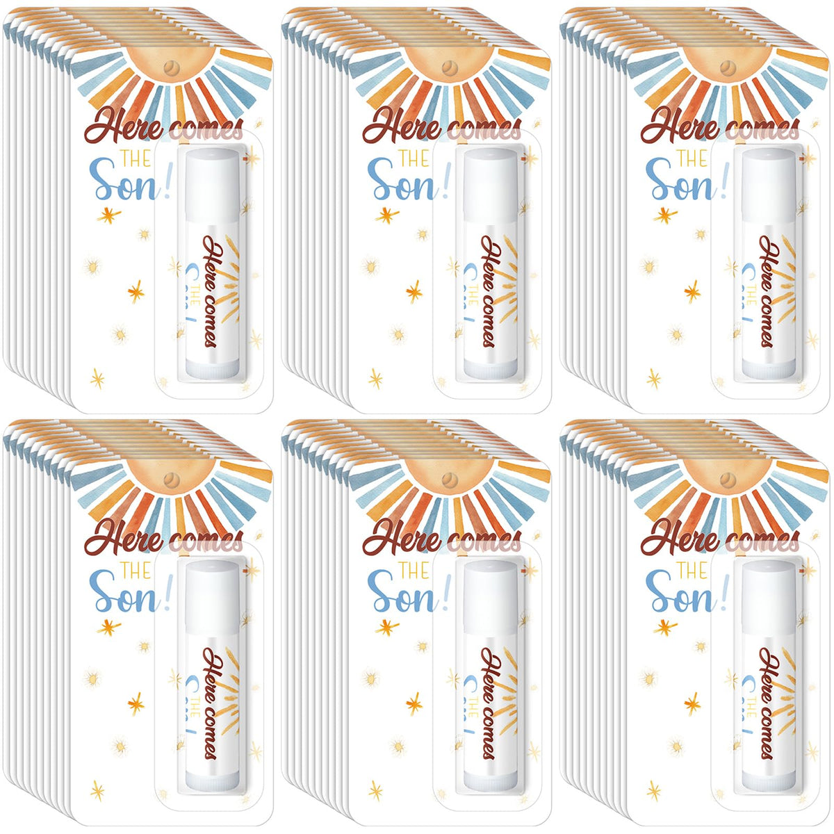 Sacubee front packaging showing 30 sunshine-themed lip balm tubes, perfect party favors