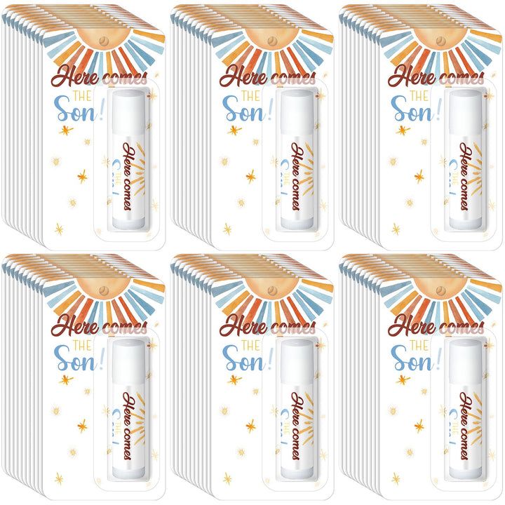 Sacubee front packaging showing 30 sunshine-themed lip balm tubes, perfect party favors