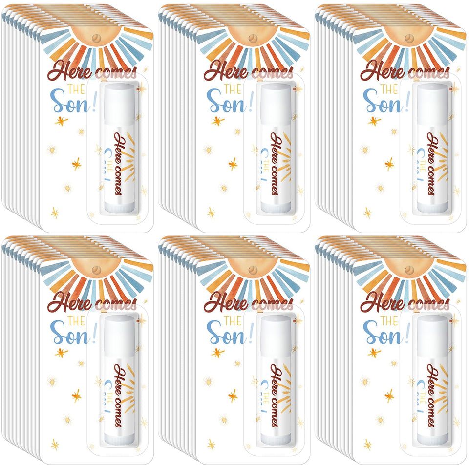 Sacubee front packaging showing 30 sunshine-themed lip balm tubes, perfect party favors