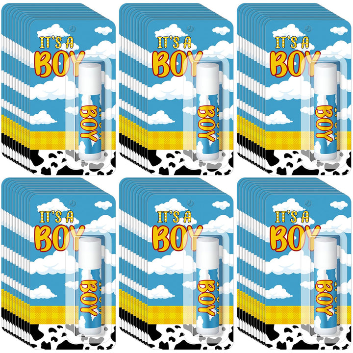 Sacubee front packaging showing 30 blue "It's a Boy" lip balms and festive appeal