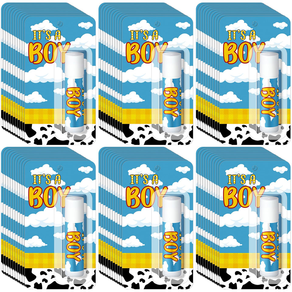 Sacubee front packaging showing 30 blue "It's a Boy" lip balms and festive appeal