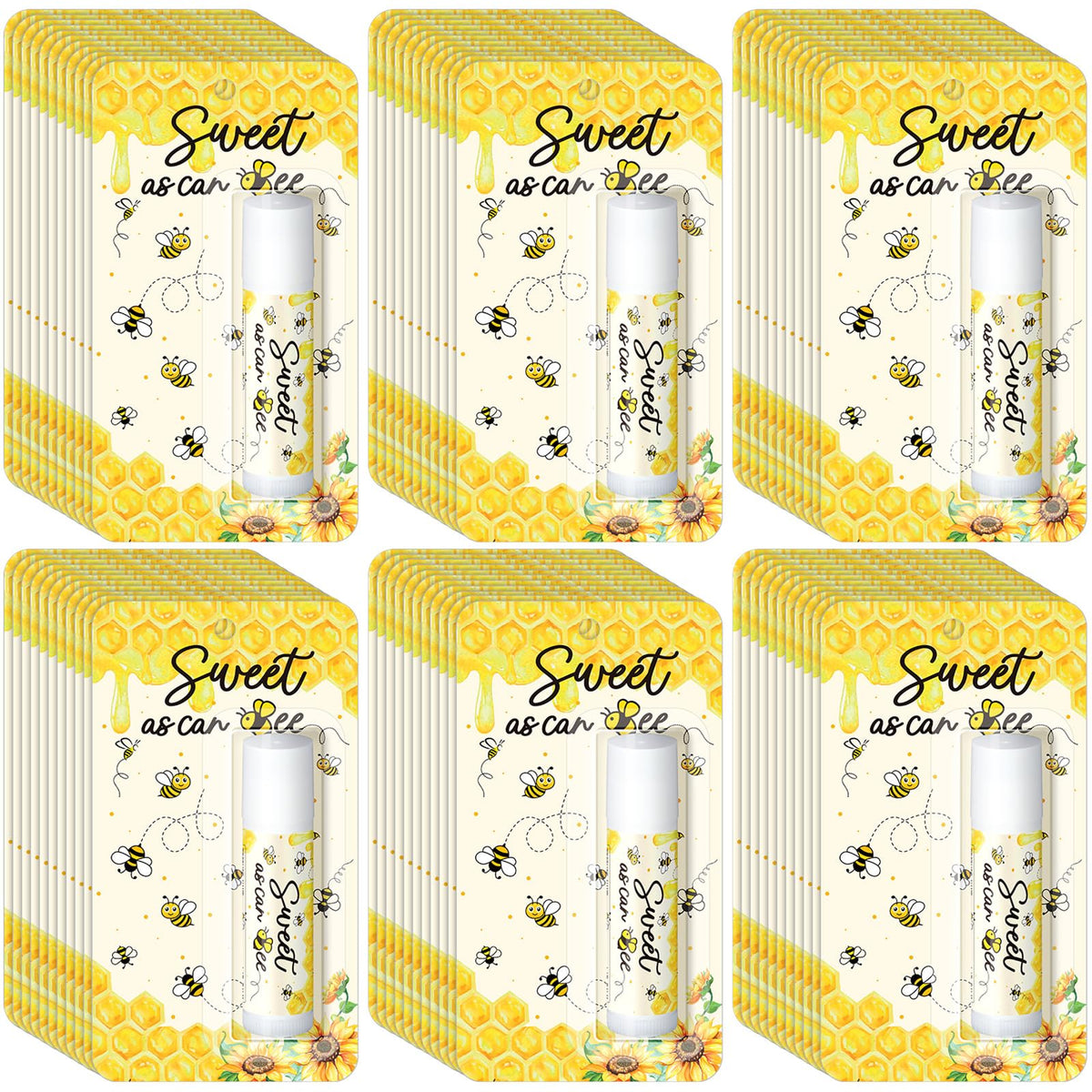 Sacubee front packaging showing 30 bee lip balms and festive presentation benefit