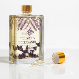 SAFA bottle front view showing label and size, showcasing organic lavender benefits