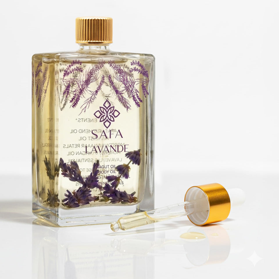 SAFA bottle front view showing label and size, showcasing organic lavender benefits