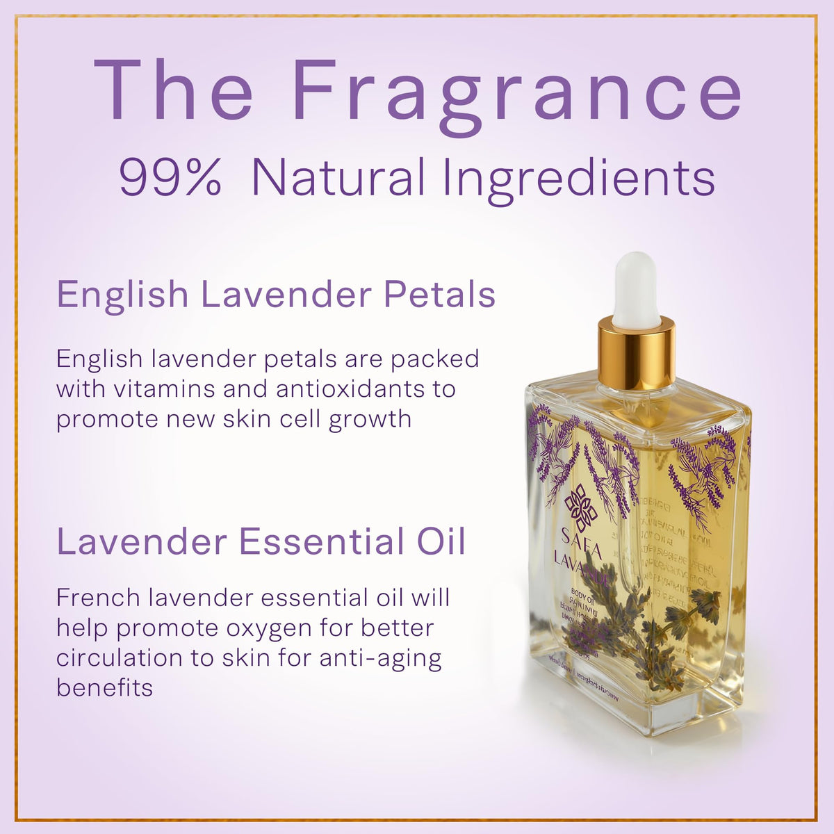 SAFA oil ingredients close-up: almond, argan and lavender delivering vitamin nourishment