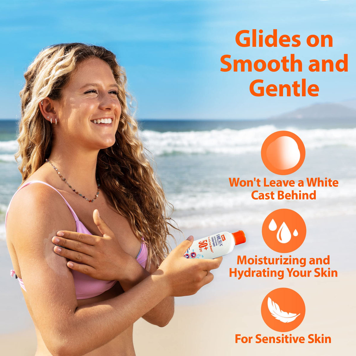 SAFE SEA sunscreen on beach towel showing family use and extended water protection