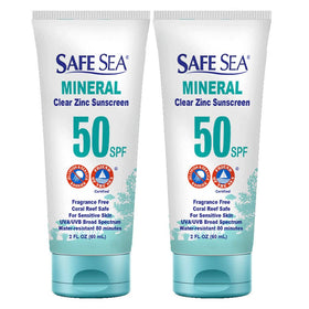 SAFE SEA front packaging duo showing travel-size bottles and SPF benefit