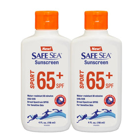 SAFE SEA front packaging 4oz tube showing SPF 65+ protection benefit