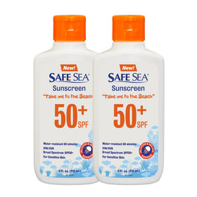 SAFE SEA front label of 4oz bottle showing SPF 50+ and sting-block benefit