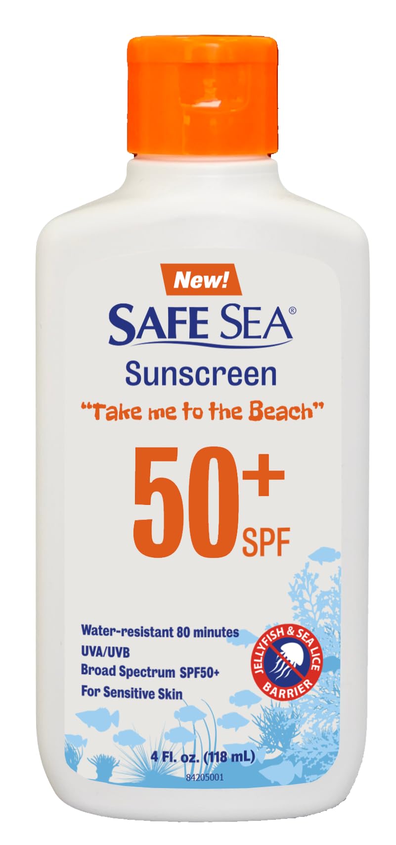 SAFE SEA front packaging 4oz tube showing SPF 50+ and sting-block benefit