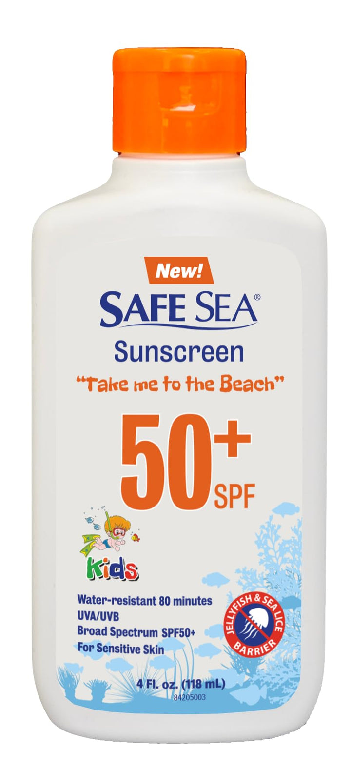 SAFE SEA front packaging showing SPF 50+ and sting protection benefit