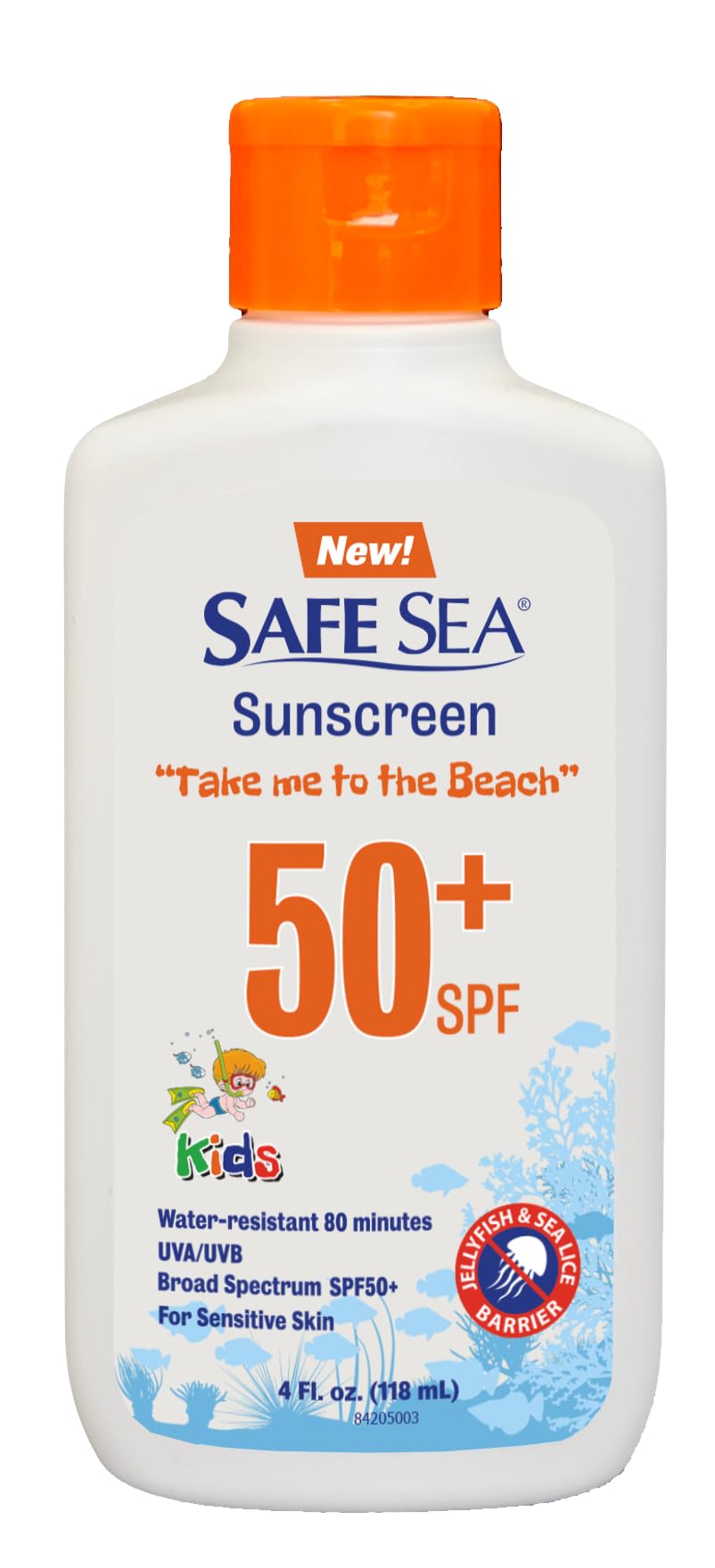 SAFE SEA front packaging showing SPF 50+ and sting protection benefit