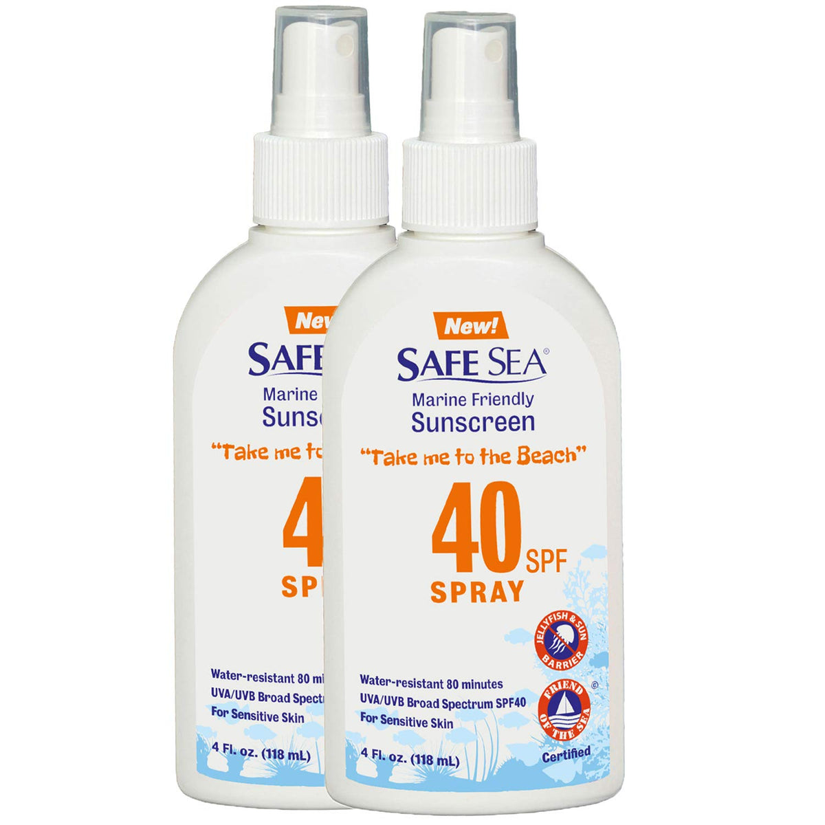 SAFE SEA front packaging spray showing SPF 40+ and sting-block benefit