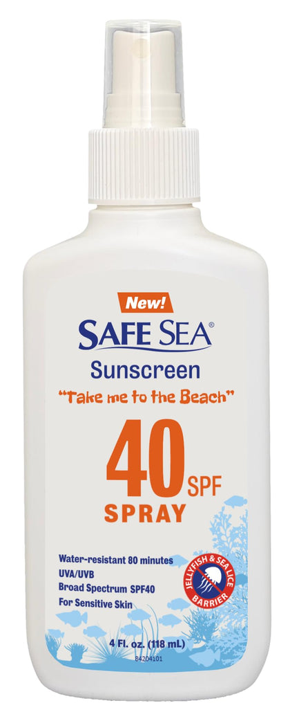 SAFE SEA front packaging showing SPF 40+ spray and benefits