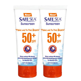 SAFE SEA front packaging showing twin tubes and SPF 50 protection benefit