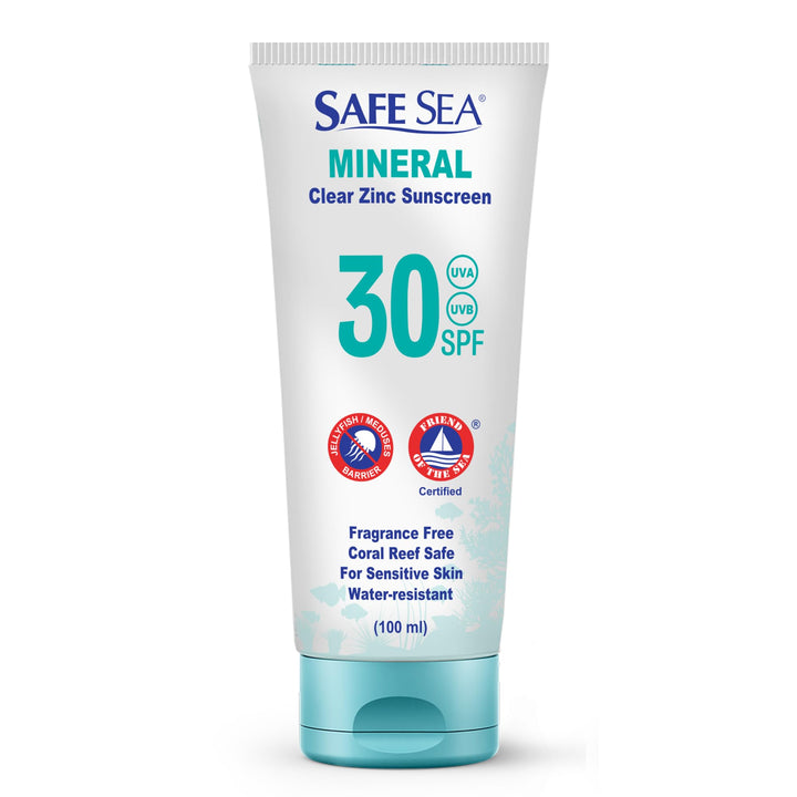 SAFE SEA front packaging showing SPF30 and reef-safe benefit