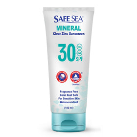 SAFE SEA front packaging showing SPF30 tube and clear finish benefit