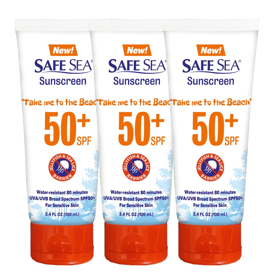 SAFE SEA front packaging three-pack showing travel tubes and SPF benefit
