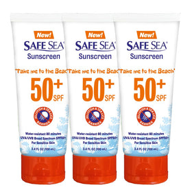 SAFE SEA front packaging three-pack showing travel tubes and SPF benefit