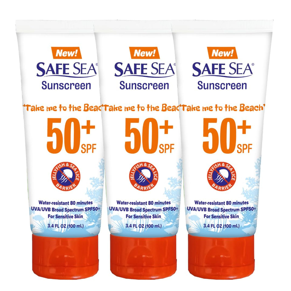 SAFE SEA front packaging three-pack showing travel tubes and SPF benefit