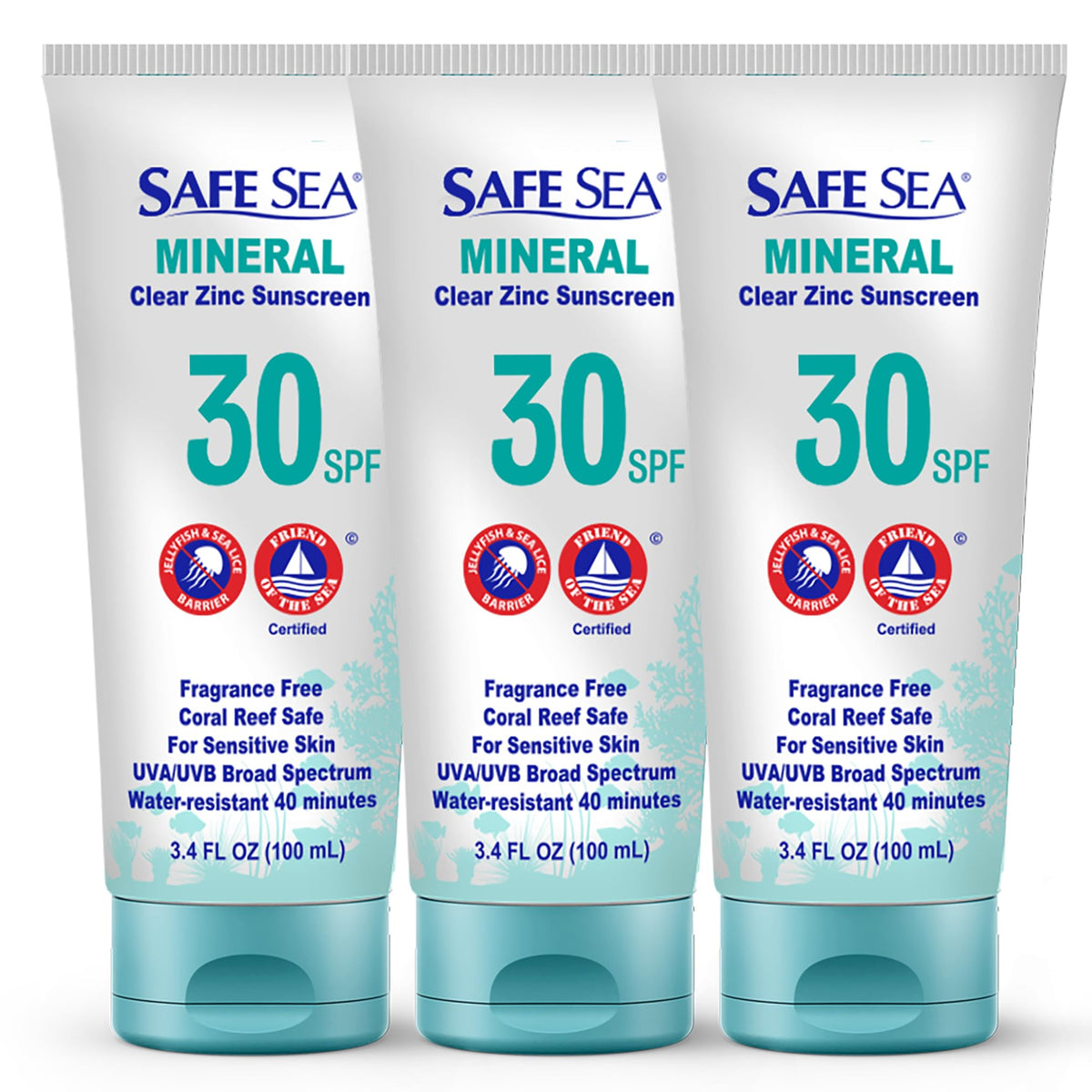 SAFE SEA front tube view showing clear SPF30 branding and benefits