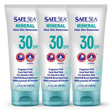 SAFE SEA front tube view showing clear SPF30 branding and benefits