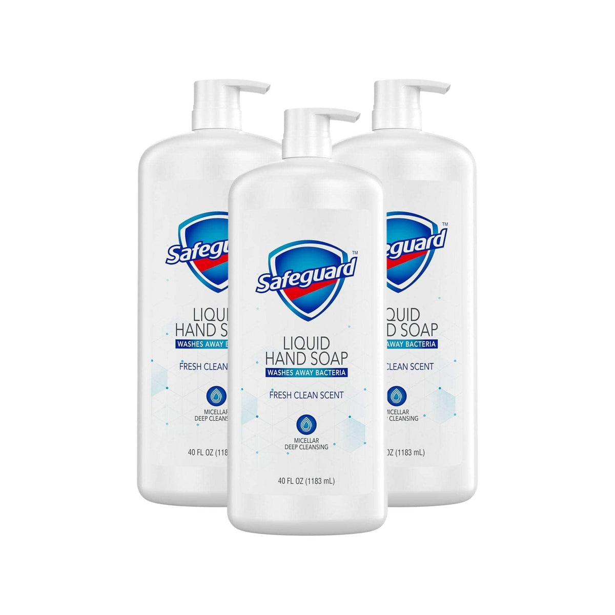Safeguard front packaging 40 oz bottles showing pack of three and fresh clean scent benefit