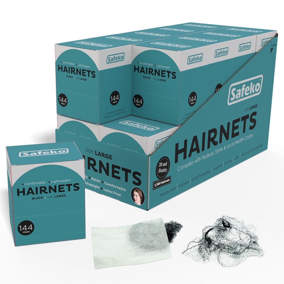 SAFEKO front packaging showing 144 individually wrapped black hair nets and convenience