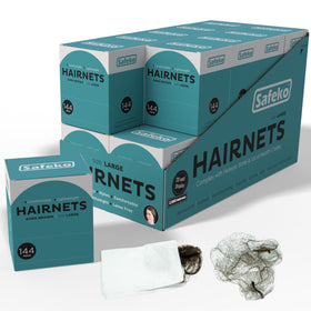 SAFEKO front packaging box showing 144 hair nets and product details for easy storage