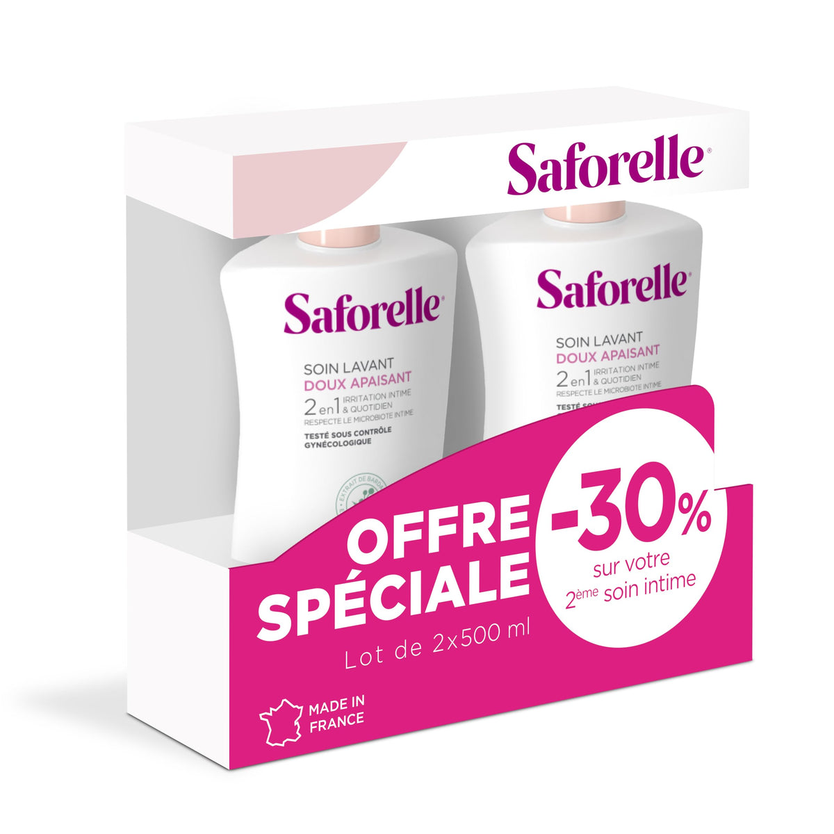 Saforelle pump dispensing gentle wash demonstrating controlled use and minimal waste