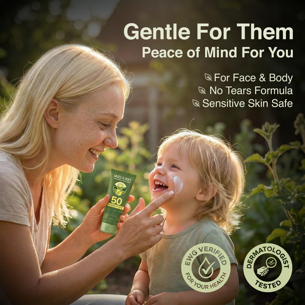 Sages Of The Ages applying cream to face demonstrating easy blend and gentle feel