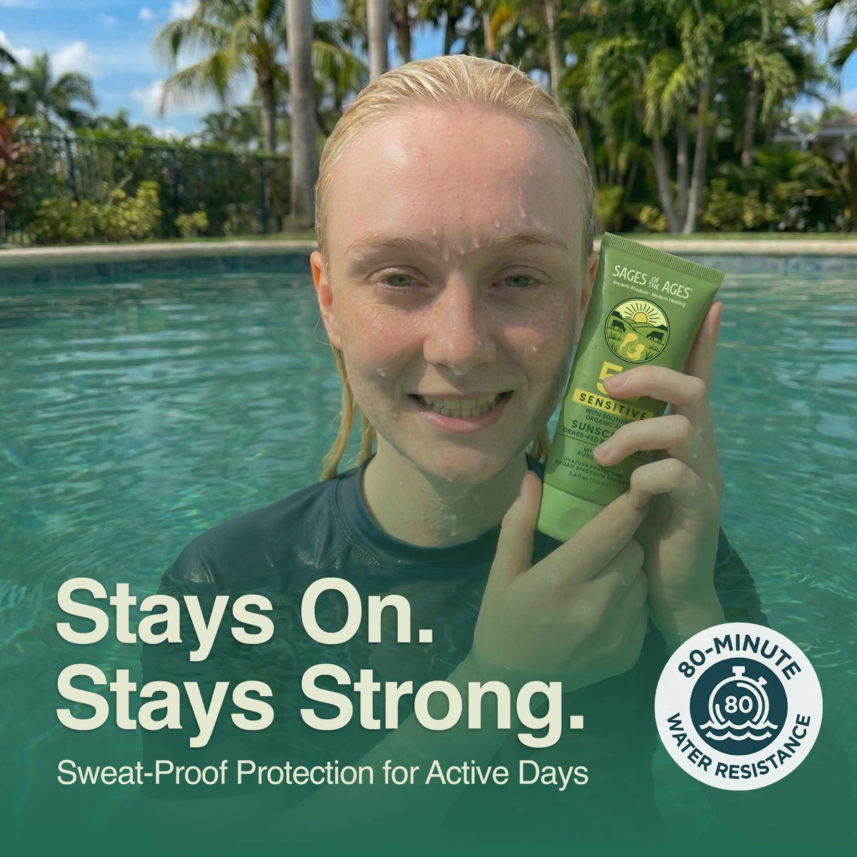 Sages Of The Ages sunscreen on skin near water showing 80-minute water resistance